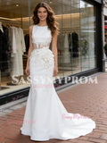 Scoop Trumpet Mermaid Satin Sheer Flower Wedding Dress