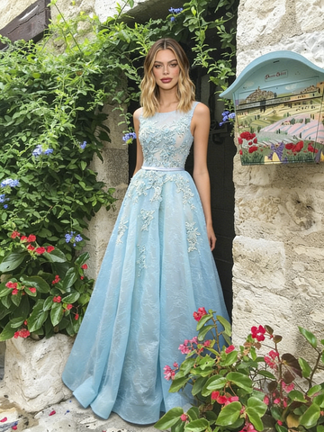 Ligth Blue Tulle Lace A Line Scoop Prom Dress