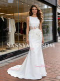Scoop Trumpet Mermaid Satin Sheer Flower Wedding Dress