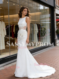 Scoop Trumpet Mermaid Satin Sheer Flower Wedding Dress