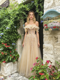 Champagne Tulle Off The Shoulder Beading A Line Prom Dress