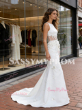 Scoop Trumpet Mermaid Satin Sheer Flower Wedding Dress