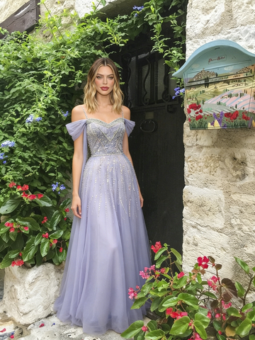 Off The Shoulder Lavender Purple Tulle Beading Prom Dress