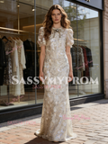 Silver Scoop Sheath Column Sequin Short Sleeve Prom Dress