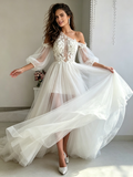 Long Sleeve Appliques Tulle One Shoulder Wedding Dress