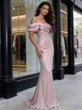 Satin & Sequin Trumpet Mermaid Pink Off The Shoulder Prom Dress