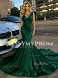 Dark Green V Neck Trumpet Mermaid Satin Prom Dress