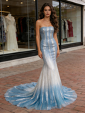 Sequin Tulle Trumpet Mermaid Blue Silver Prom Dress