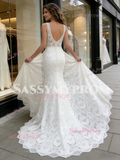 V Neck Trumpet Mermaid Lace Backless Wedding Dress