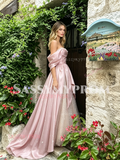 Pink Off The Shoulder Tulle A Line Ruffles Prom Dress