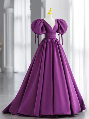 Puffy Sleeve Backless Satin Purple Backless Prom Dress