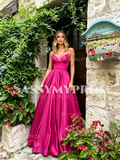 Fuchsia Satin A Line Spaghetti Straps Prom Dress