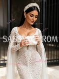 Trumpet Mermaid Pearls Cape Lace V Neck Long Sleeves Wedding Dress