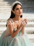 Tulle Pink Appliques Light Green A Line Prom Dress