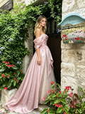 Pink Off The Shoulder Tulle A Line Ruffles Prom Dress