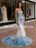 Sequin Tulle Trumpet Mermaid Blue Silver Prom Dress