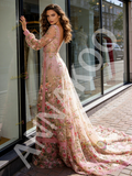 Pink Lace A Line V Neck Long Sleeve Floral Prom Dress