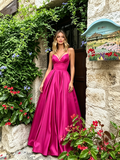 Fuchsia Satin A Line Spaghetti Straps Prom Dress