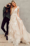 Champange Appliques Long Sleeve V Neck Ruffles Wedding Dress