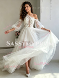 Long Sleeve Appliques Tulle One Shoulder Wedding Dress