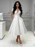 Lace A Line Cap Sleeve Tea Length Wedding Dress With Pockets