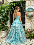 Blue Sweetheart Ruffles A Line Floral Layers Prom Dress