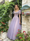 Short Sleeve Square Lilac Tulle Beading Prom Dress