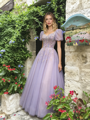 Short Sleeve Square Lilac Tulle Beading Prom Dress