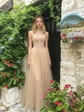 High Neck Tulle A Line Beading Champagne Prom Dress