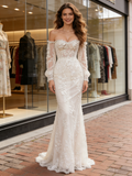Off The Shoulder Trumpet Lace Tulle Long Sleeve Wedding Dress
