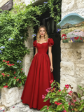 Red Satin Puffy Sleeve A Line Pearl Square Prom Dress