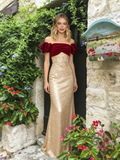 Off The Shoulder Trumpet Mermaid Gold Sequin Velvet Prom Dress