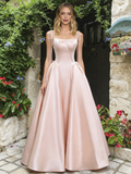 Pink Spaghetti Straps Satin A Line Prom Dress