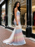 Colorful Lace Spaghetti Straps Meash Trumpet Mermaid Prom Dress