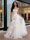 Tulle Champagne Flower Strapless Ruffles A Line Prom Dress