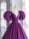 Puffy Sleeve Backless Satin Purple Backless Prom Dress