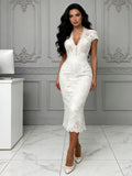 V Neck Sheath Column Tea Length Lace Cap Sleeve Wedding Dress