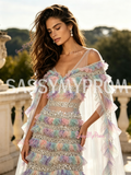 Ombre Sequin V Neck A Line Cape Ruffled Prom Dress