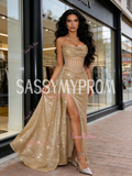 Ruched Sequin Mermaid Gold Corset Sheer Prom Dress With Slit