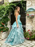 Blue Sweetheart Ruffles A Line Floral Layers Prom Dress