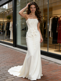 Strapless Bow Trumpet Mermaid Satin Wedding Dress