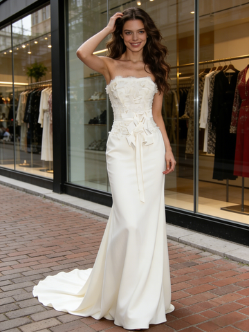 Strapless Bow Trumpet Mermaid Satin Wedding Dress