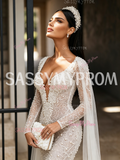 Trumpet Mermaid Pearls Cape Lace V Neck Long Sleeves Wedding Dress