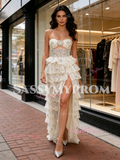 Champagne Flower Beading Cut Out Prom Dress With Slit