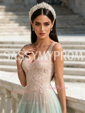 Tulle Pink Appliques Light Green A Line Prom Dress