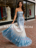 Sequin Tulle Trumpet Mermaid Blue Silver Prom Dress
