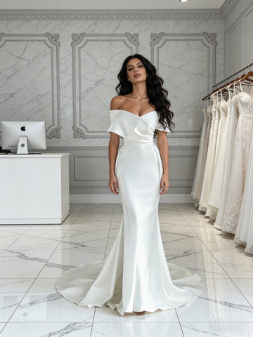 Trumpet Mermaid Satin White Off The Shoulder Wedding Dress