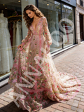 Pink Lace A Line V Neck Long Sleeve Floral Prom Dress