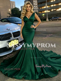 Dark Green V Neck Trumpet Mermaid Satin Prom Dress