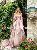 Pink Off The Shoulder Tulle A Line Ruffles Prom Dress